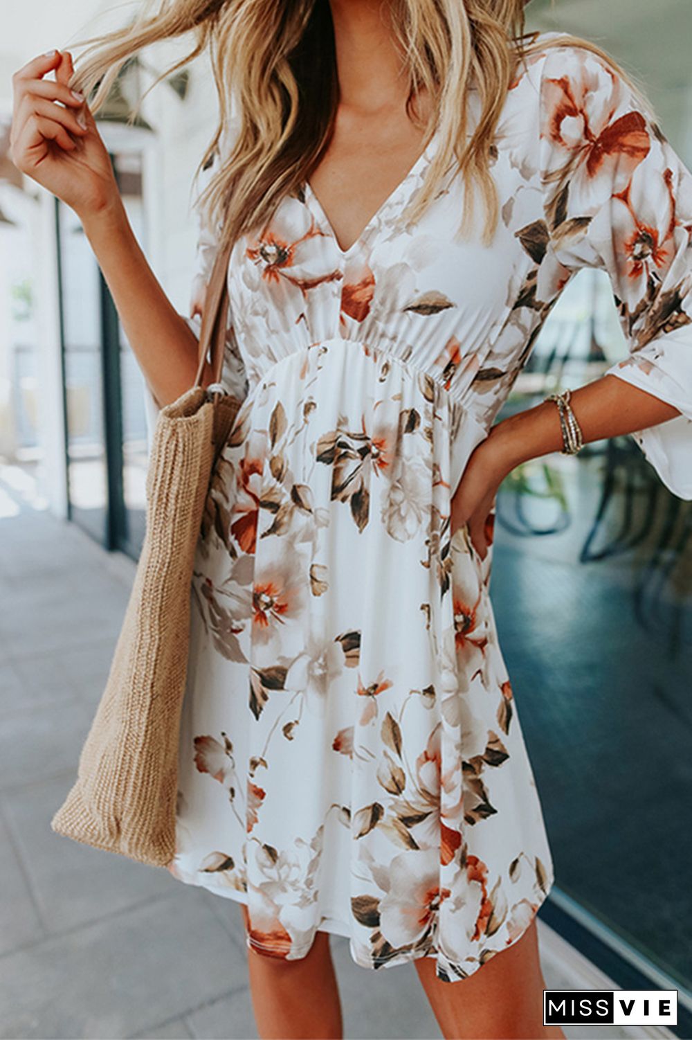 Floral Print Long Sleeve V Neck Short Dress Wholesale