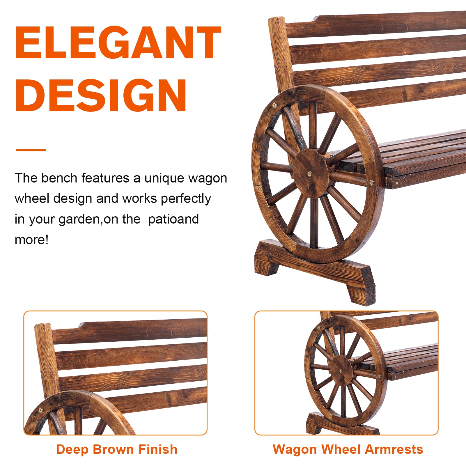 3-Person Wooden Wagon Wheel Bench for Patio, Garden, Outdoor Lounging w/ Rustic Design - Brown