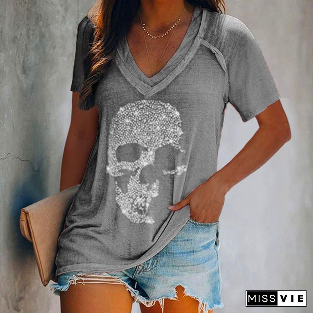 XS-5XL Plus Size Fashion Women Summer Casual Tops Short Sleeved T-shirts Deep V-neck Skull Printed Blouse Ladies Loose Shirts