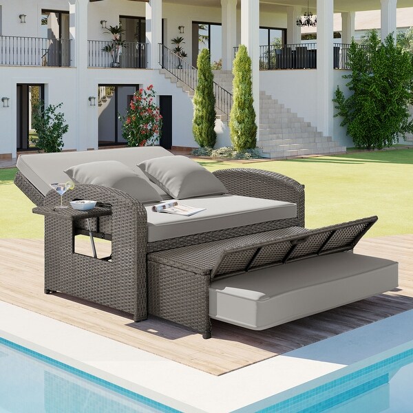 Rattan Double Chaise Lounge，2Person Reclining Daybed with Adjustable Back and Cushions