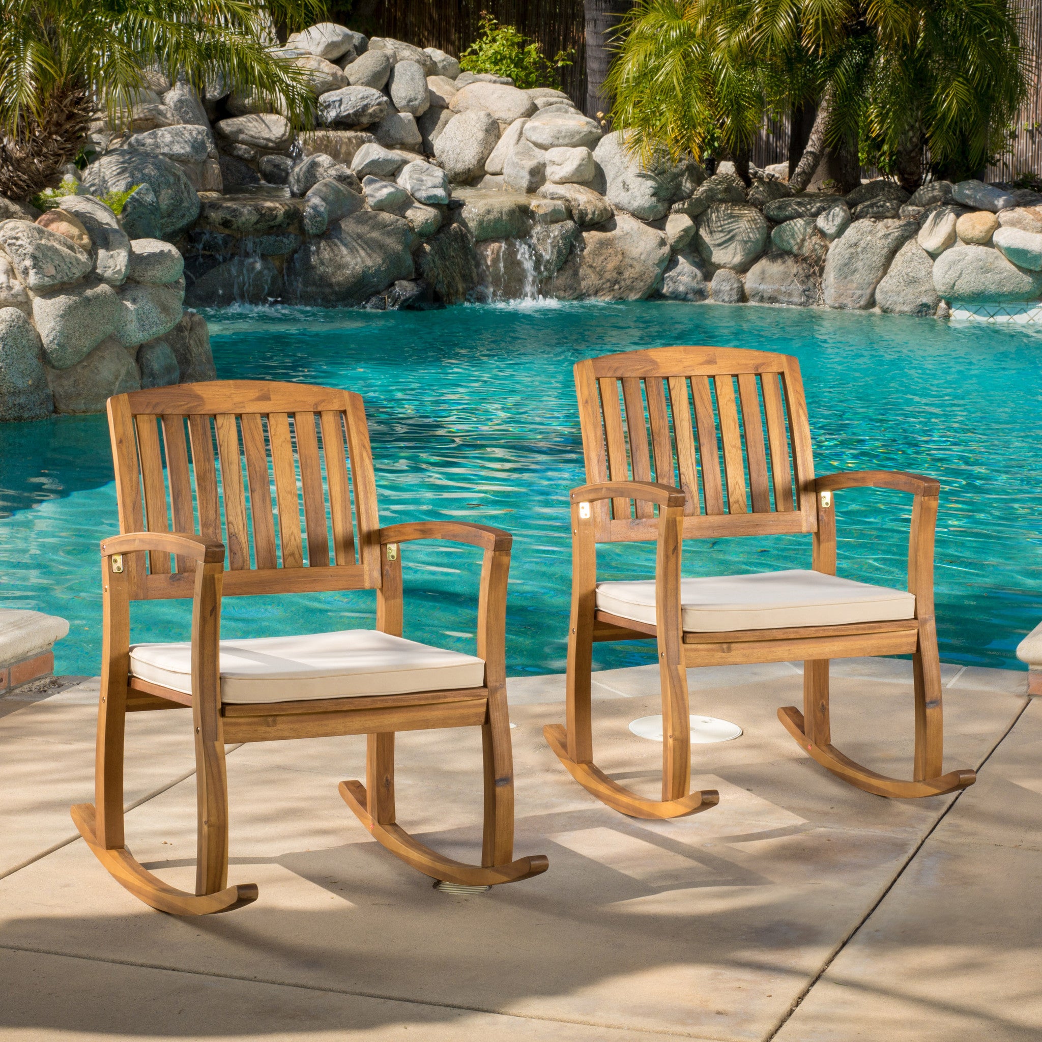 Sadie Outdoor Acacia Wood Rocking Chairs with Cushion (Set of 2)