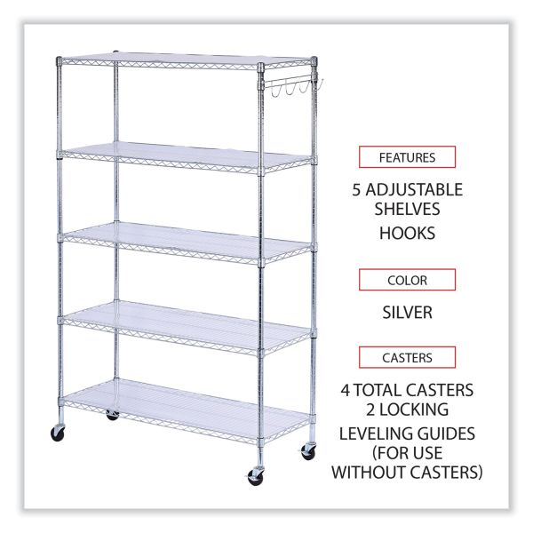 Alera 5-Shelf Wire Shelving Kit with Casters and Shelf Liners， 48w x 18d x 72h， Silver