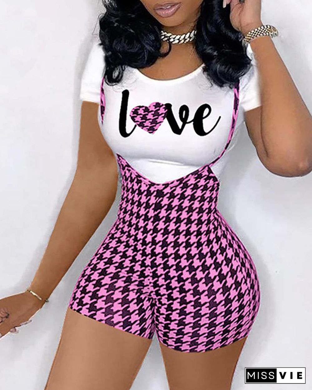 Letter Heart Print Top & Houndstooth Print Suspender Shorts Set