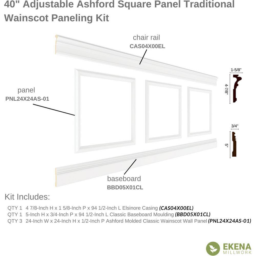 Ekena Millwork 94 12 in. (Adjustable 40 in. to 44 in.) 26 sq. ft. Polyurethane Ashford Square Panel Wainscot Kit Primed WPKUSQ061P040