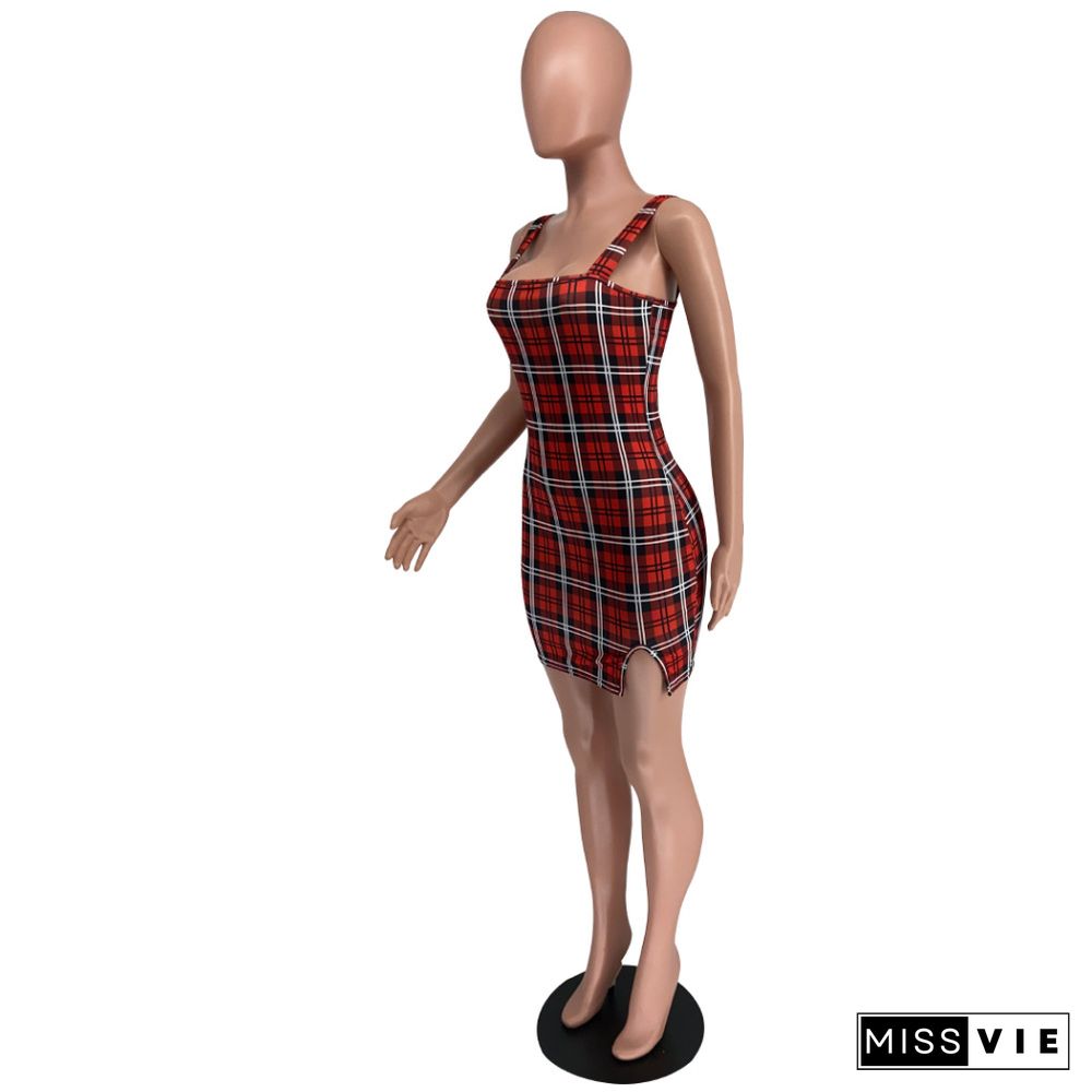 Women Casual Retro Plaid Sexy Sleeveless Square Collar Strap Bodycon Club Party Mini Dresses