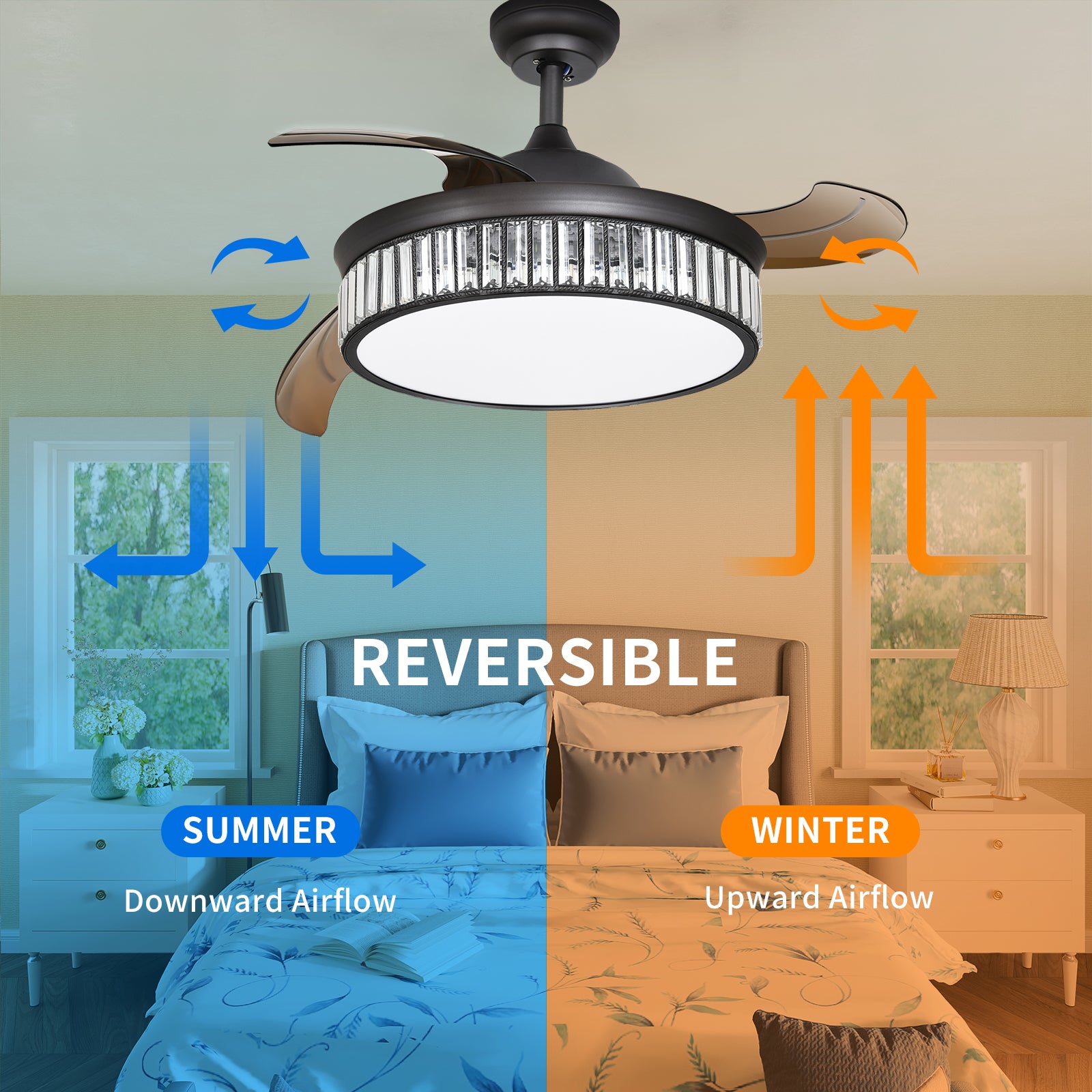 YITAHOME Retractable Ceiling Fan with Lights and Remote， 42 Inch Crystal Chandelier Invisible Fan with Memory Function， 3 Colors Changing， 6-Speed， Quiet Motor - Black