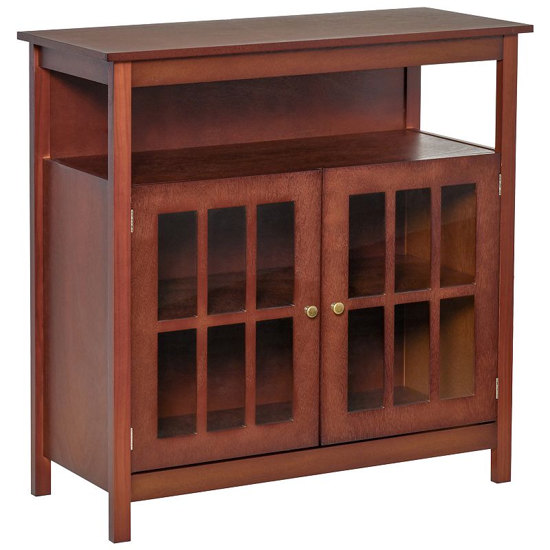 HOMCOM Kitchen Sideboard Storage Buffet Cabinet with Open Shelf Glass Door Cabinet and Adjustable Shelf Cherry