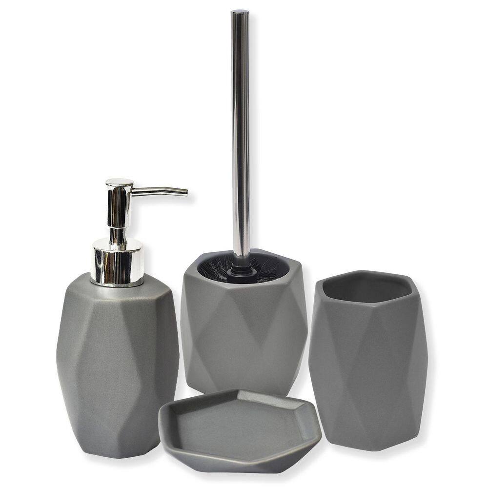 Diamond 4-Pieces Bath Accessory Set with Soap Pump Tumbler Soap Dish and Toilet Brush Holder in Stoneware Grey SET4DIAMOND6180181