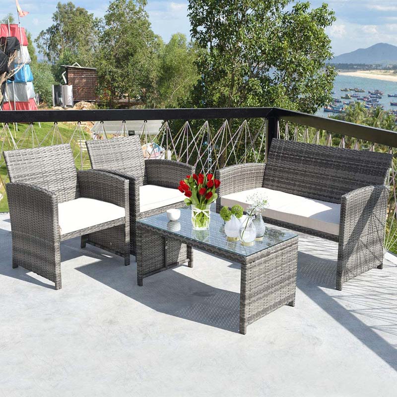 4 Pcs Rattan Wicker Patio Furniture Sets, Outdoor Conversation Sets with Loveseat, Table, Single Sofas