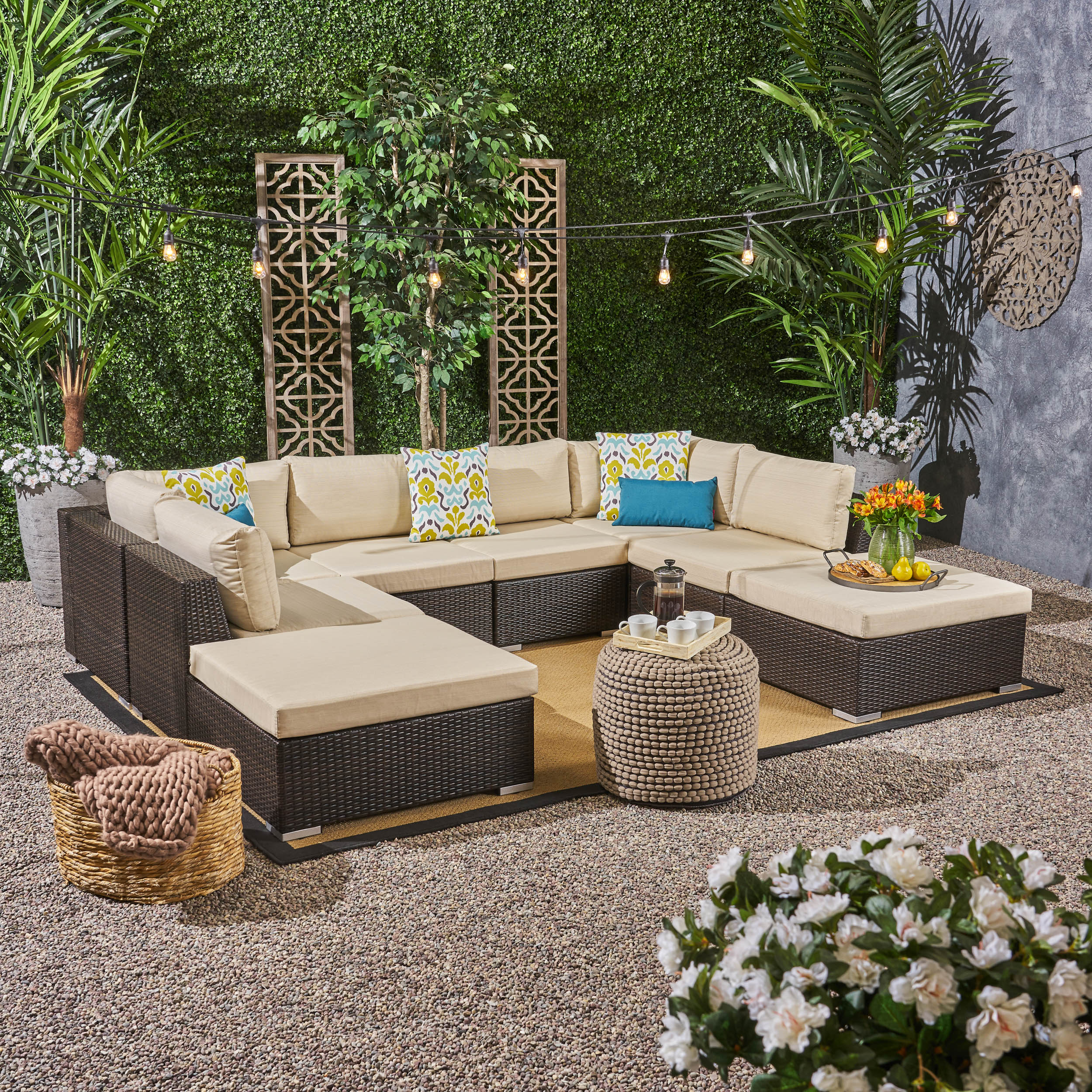 Valentina Outdoor 6 Seater Wicker Sofa Set with Aluminum Frame and Cushions