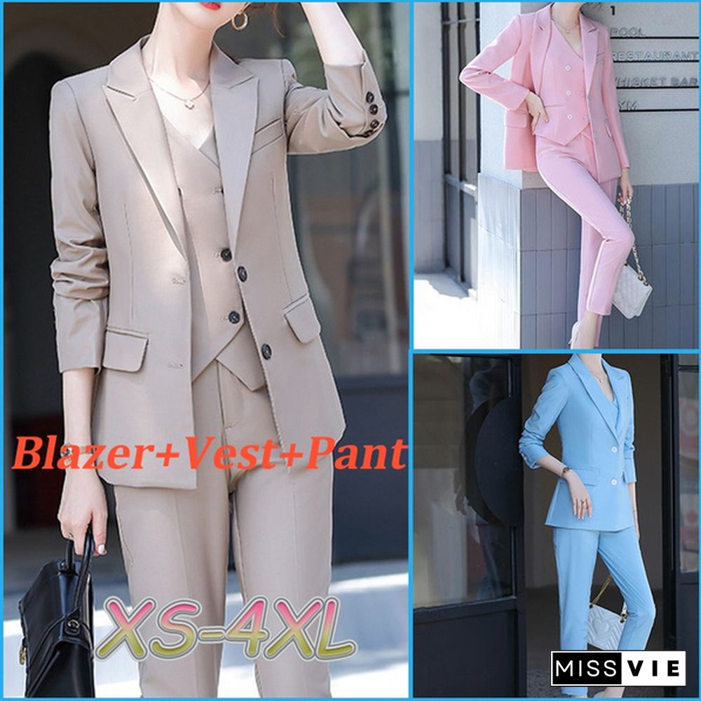 3 Piece Set Women Suits Elegant Ol Slim Blazer Suit+Double Breasted Vest+High Waist Skinny Ankle Length Pants Outfit Sets