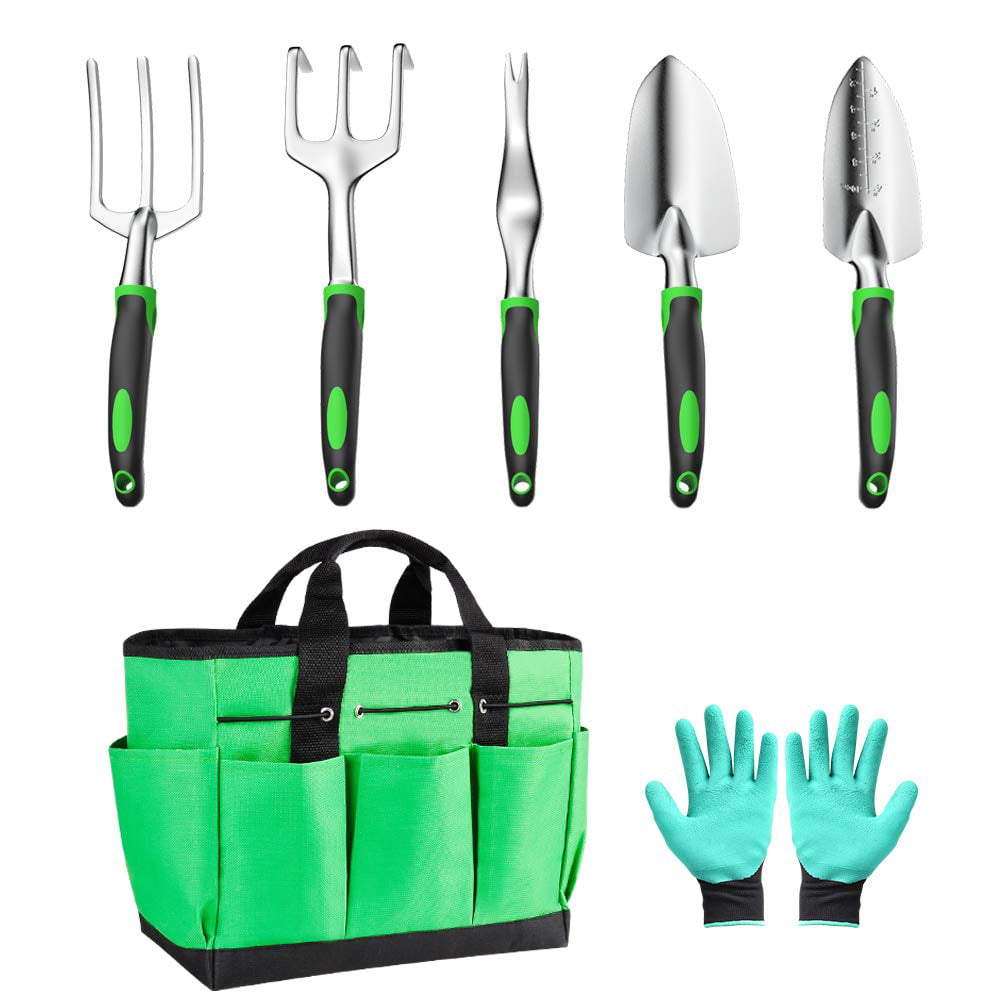 Koovon 7 Pcs Garden Tool Set with Aluminum Head Non-Slip Handle Includes Trowel Transplanting Cultivator Weeding Fork Garden Bag Gloves, Green