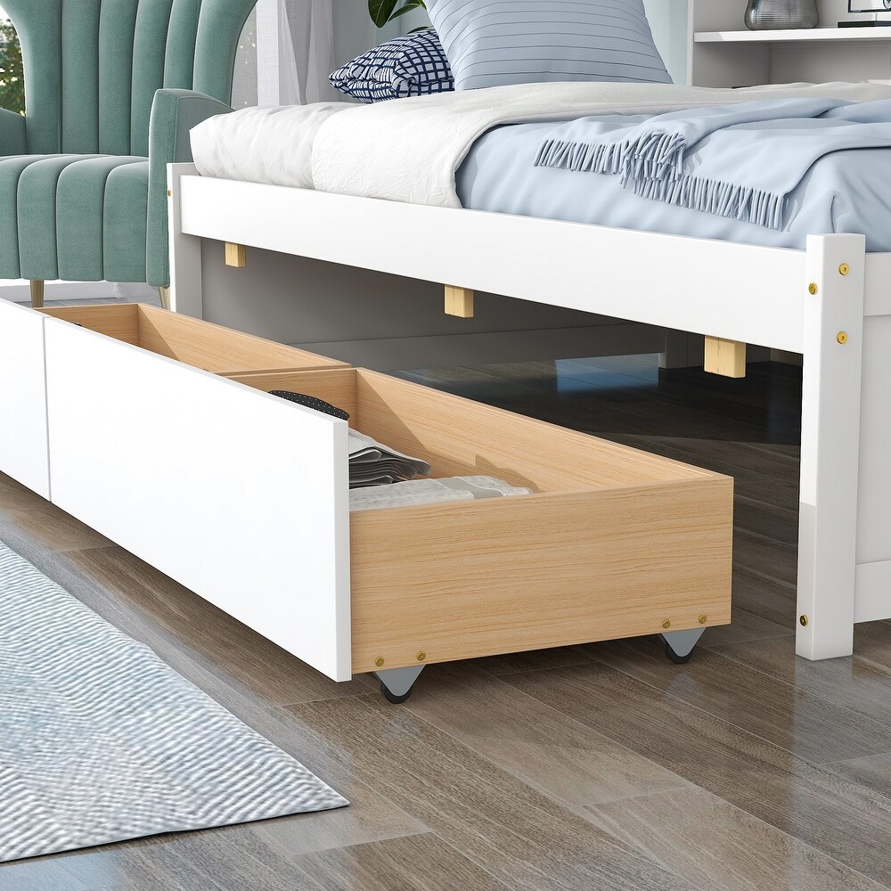 Twin Size Storage Daybed Wood Platform Bed with Side Bookcase and 2 Drawers  White