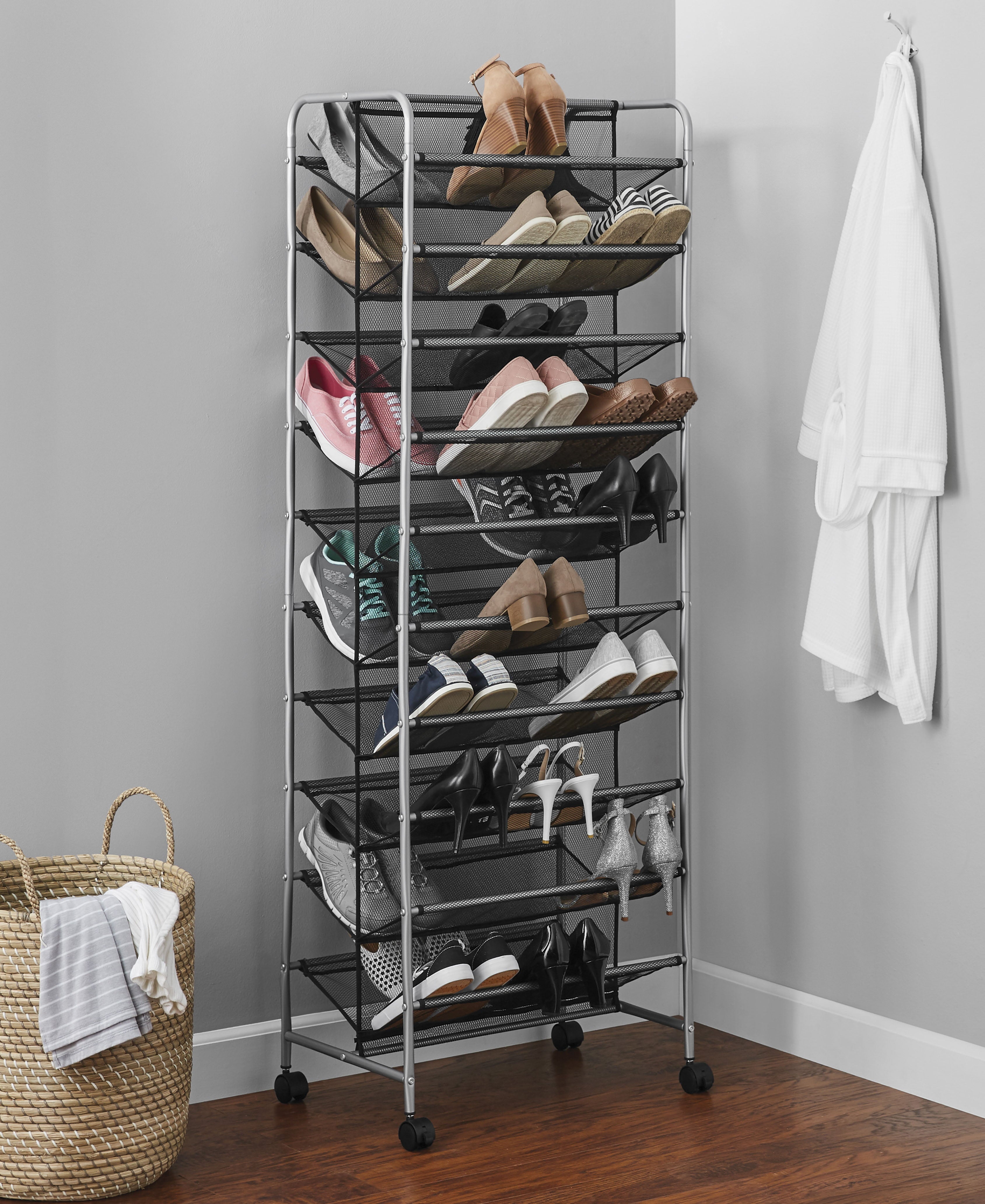 Mainstays 10 Tier 60 Pair Metal and Mesh Rolling Shoe Rack