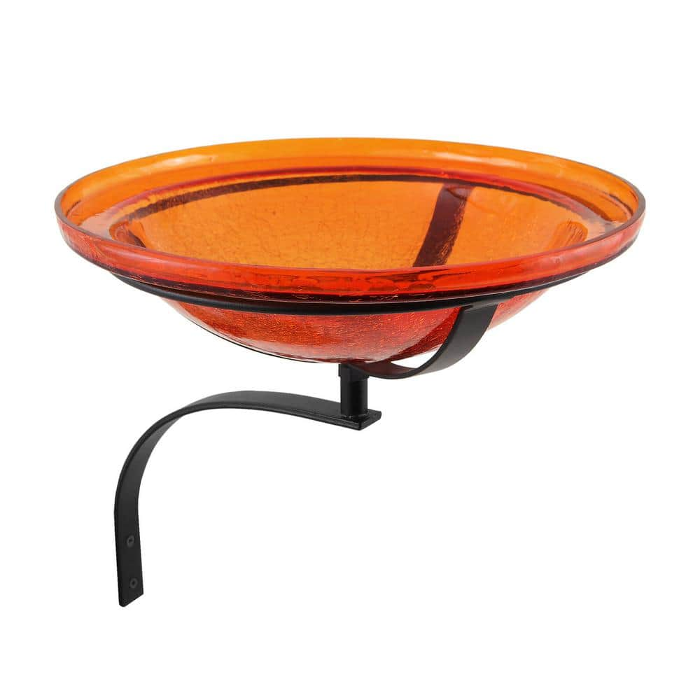 ACHLA DESIGNS 12.5 in. Dia Mandarin Orange Reflective Crackle Glass Birdbath Bowl with Wall Mount Bracket CGB-06M-WM