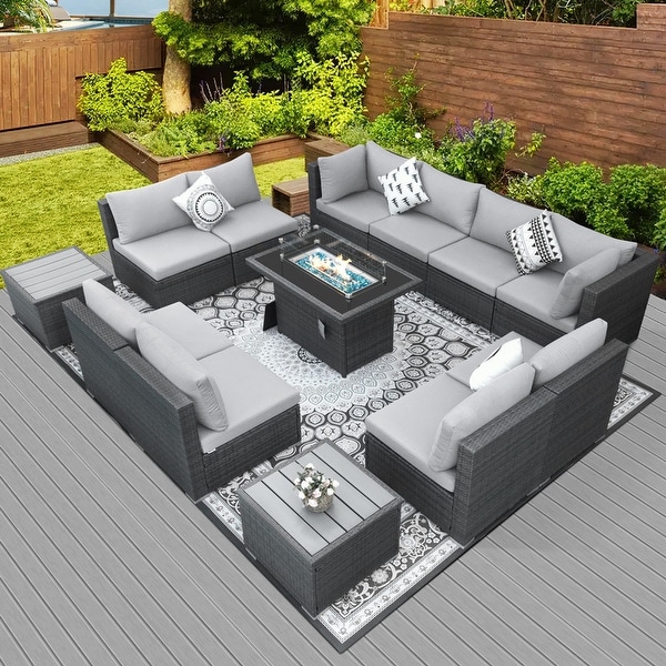 Nicesoul Outdoor Grey Wicker Sectional Furniture Patio Sofa Set with Firepit Table