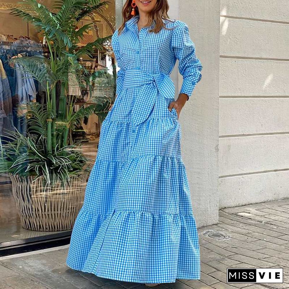 Shirt Dress Women Long Sleeve Party Dresses Casual Lapel Button Vintage Belted Pockets Sundress Plaid Printed Robes