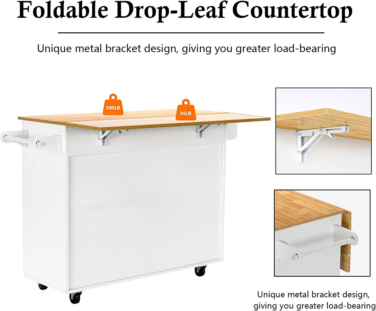 Catrimown Kitchen Island  Cart with Storage， Drop Leaf Kitchen Island on Wheels， Wood Countertop， Lockable Casters， White