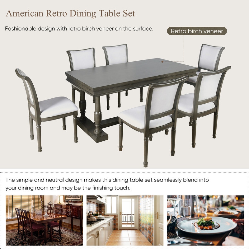 American Retro 7 Piece Dining Table with 4 Trestle Base and 6 upholstered Chairs