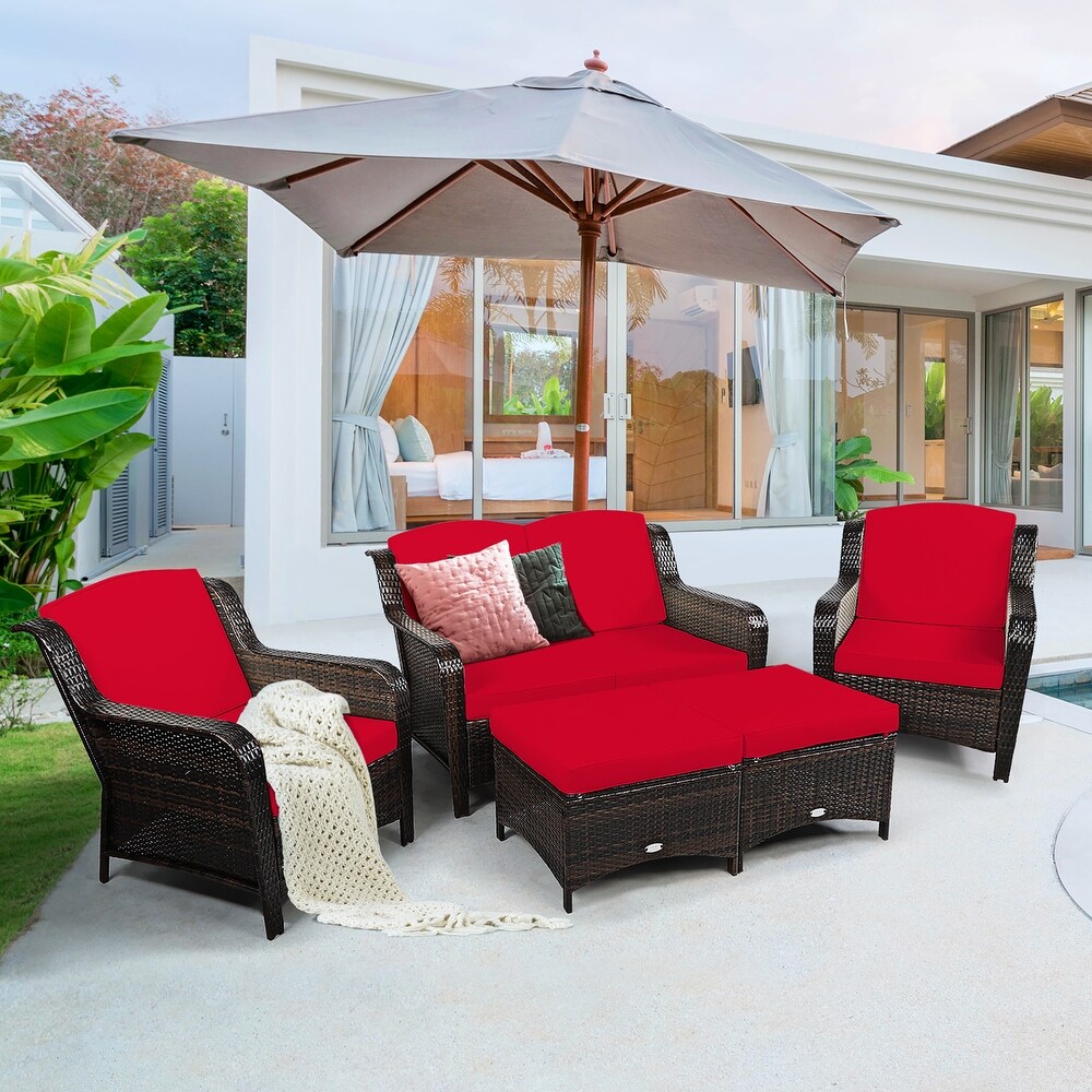 Costway 5PCS Patio Rattan Furniture Set Loveseat Sofa Ottoman