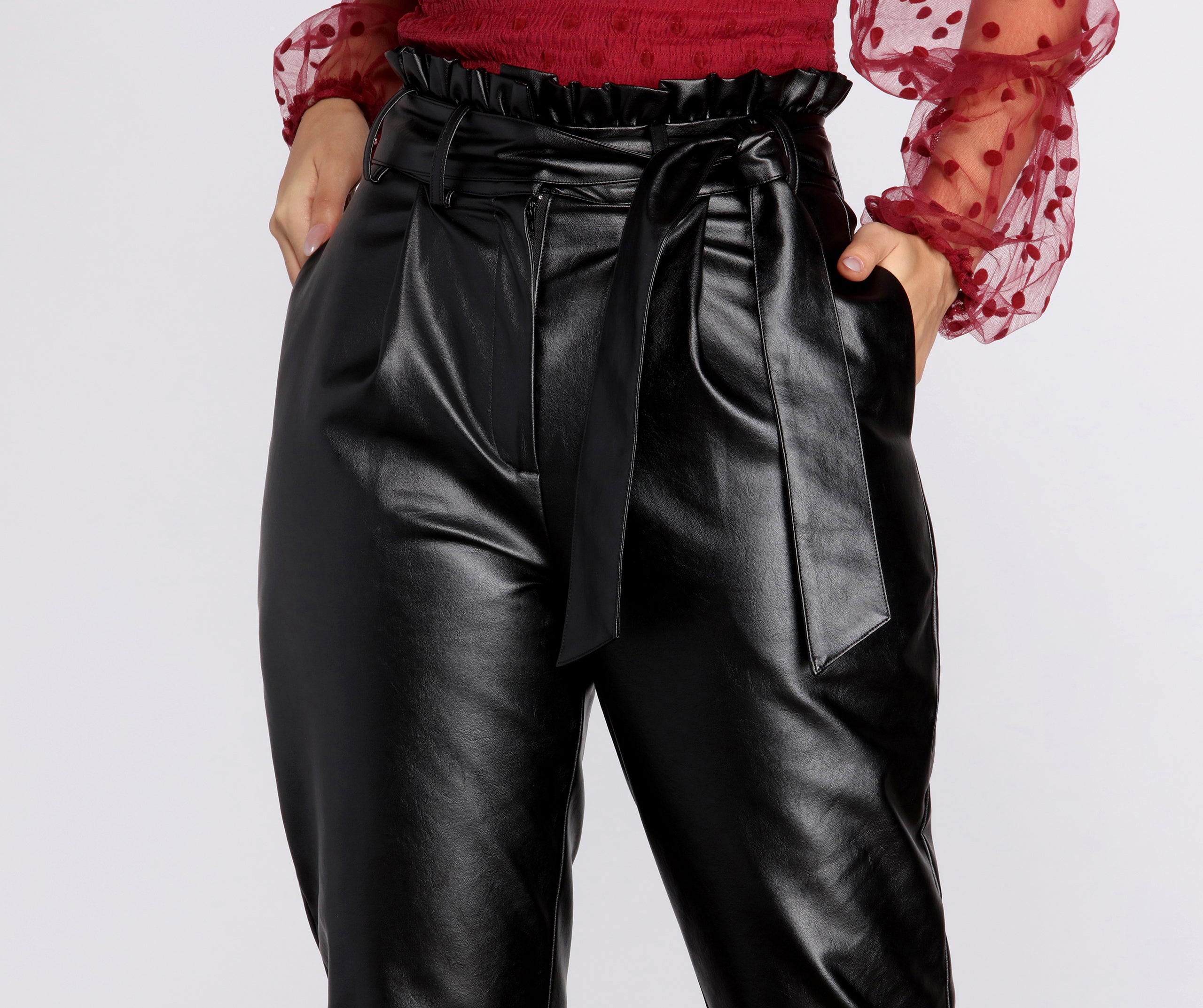 Paper Bag Tie Waist PU Tapered Pants