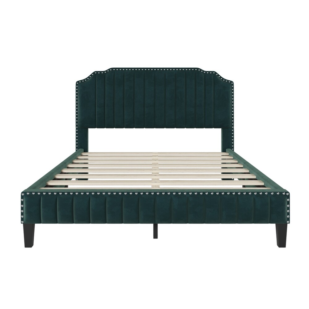 Queen Size Upholstered Platform Bed 3 Pieces Bedroom Set with 2 Nightstands  Velvet Platform Bed Frame with Nailhead Trim  Green