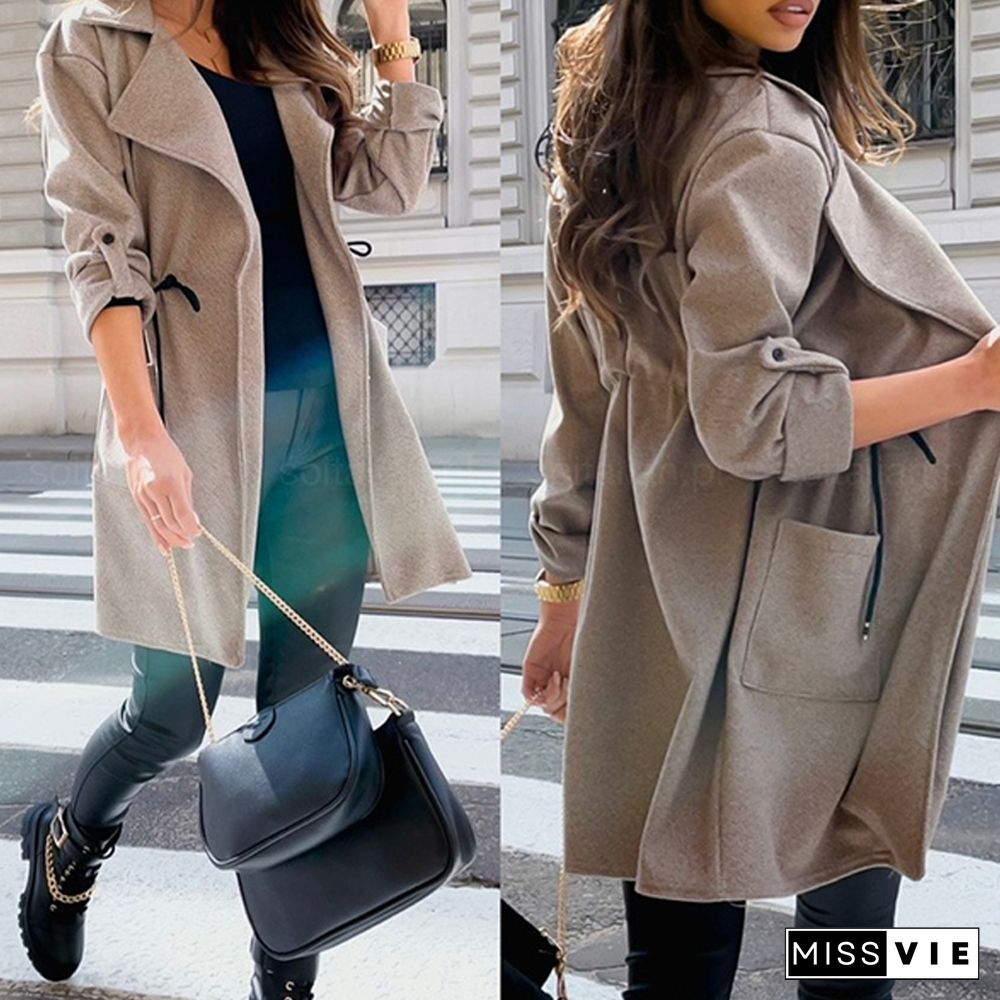 Autumn Fashion Solid Cardigan Trench Coat Women Casual Long Sleeve Lapel Drawstring Coats Lady Commuter Loose Pocket Jacket