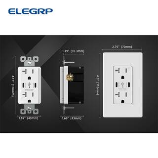 ELEGRP 20 Amp 30-Watt Dual Type C USB Wall Charger with Duplex Tamper Resistant Outlet Wall Plate Included White (2-Pack) R182D60CC-WH2