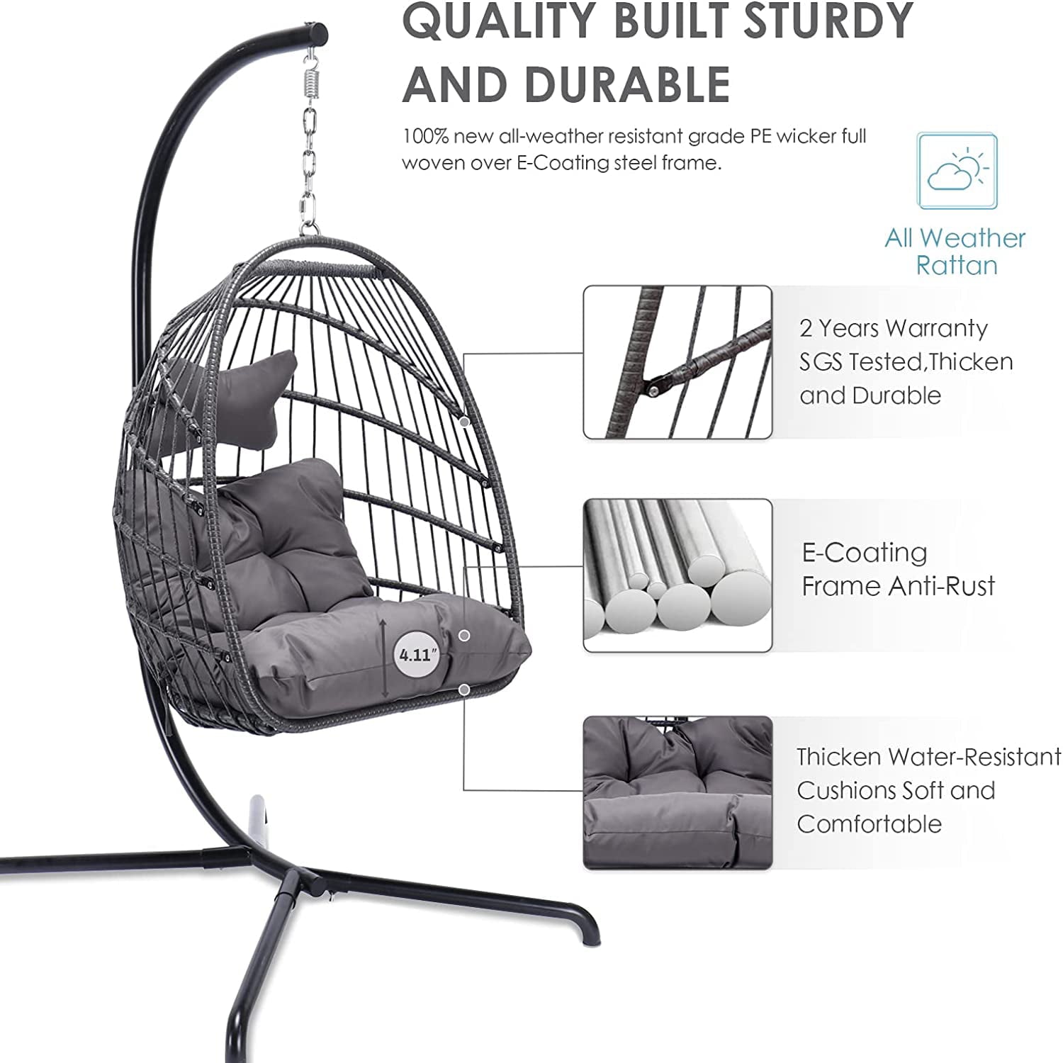 Nicesoul Swing Egg Chair Wicker Hanging Chair With Stand Color Dark Grey Maximum Weight 350lbs