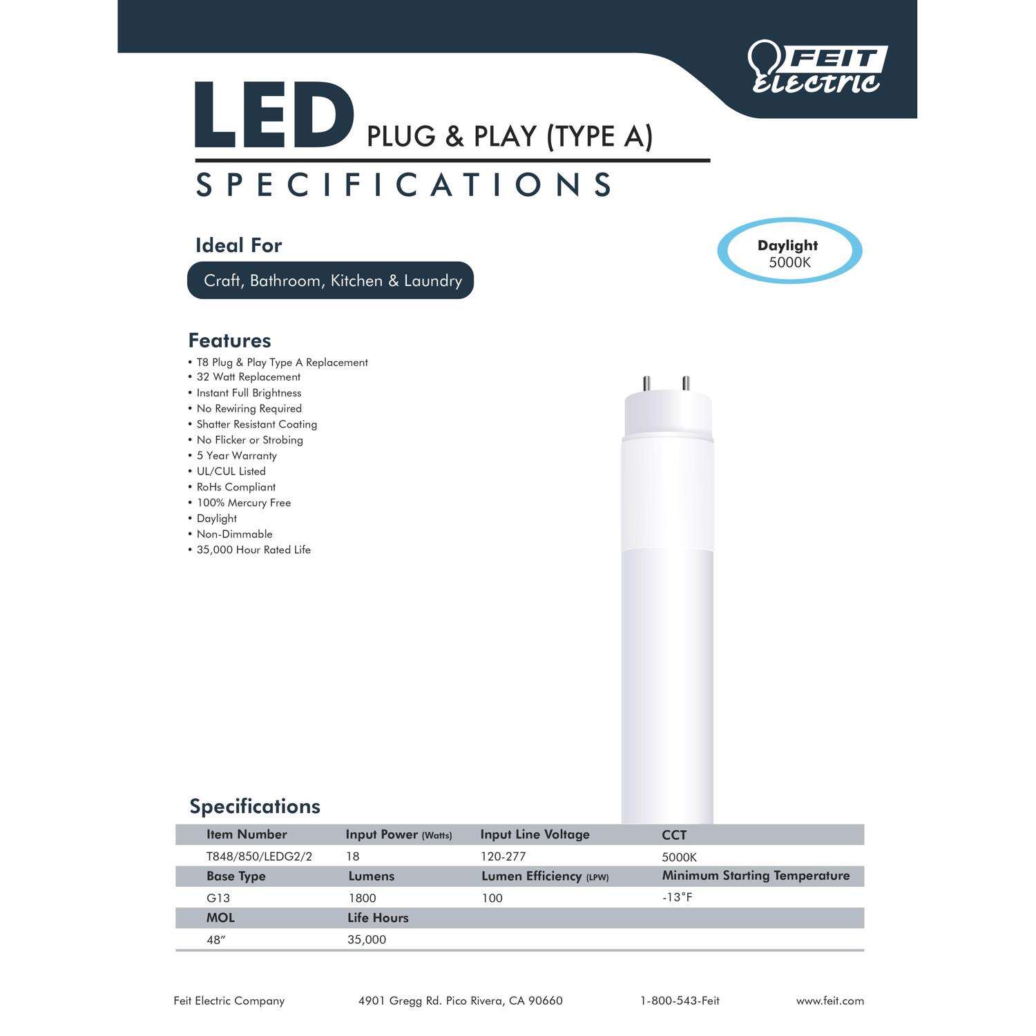 Feit Plug and Play T8 Daylight 47.7 in. Bi-Pin Linear LED Bulb 32 Watt Equivalence 2 pk