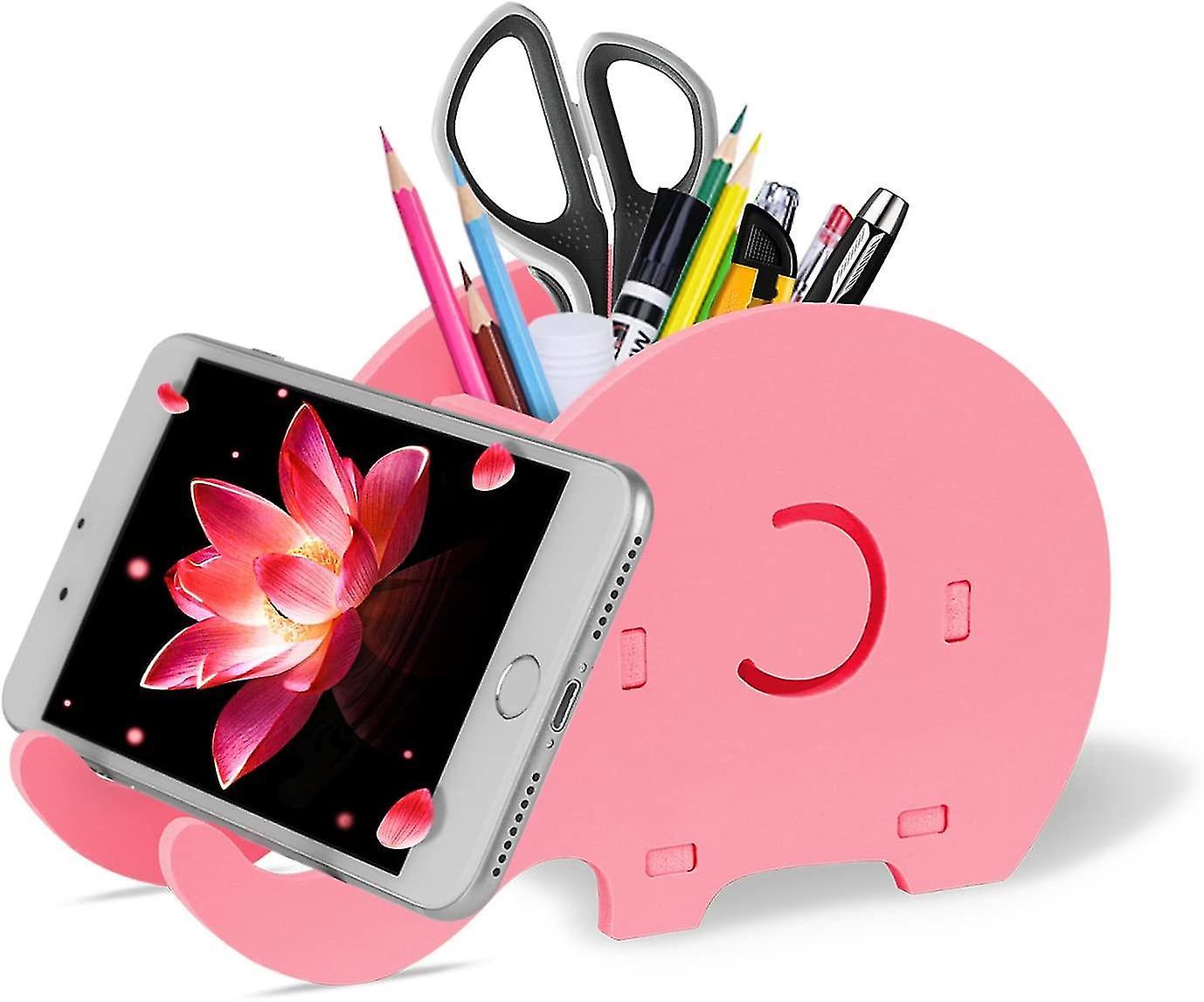 Desk Organiser， Cute Elephant Pen Pot Pencil Holder With Cell Phone Standpink (d-b2)