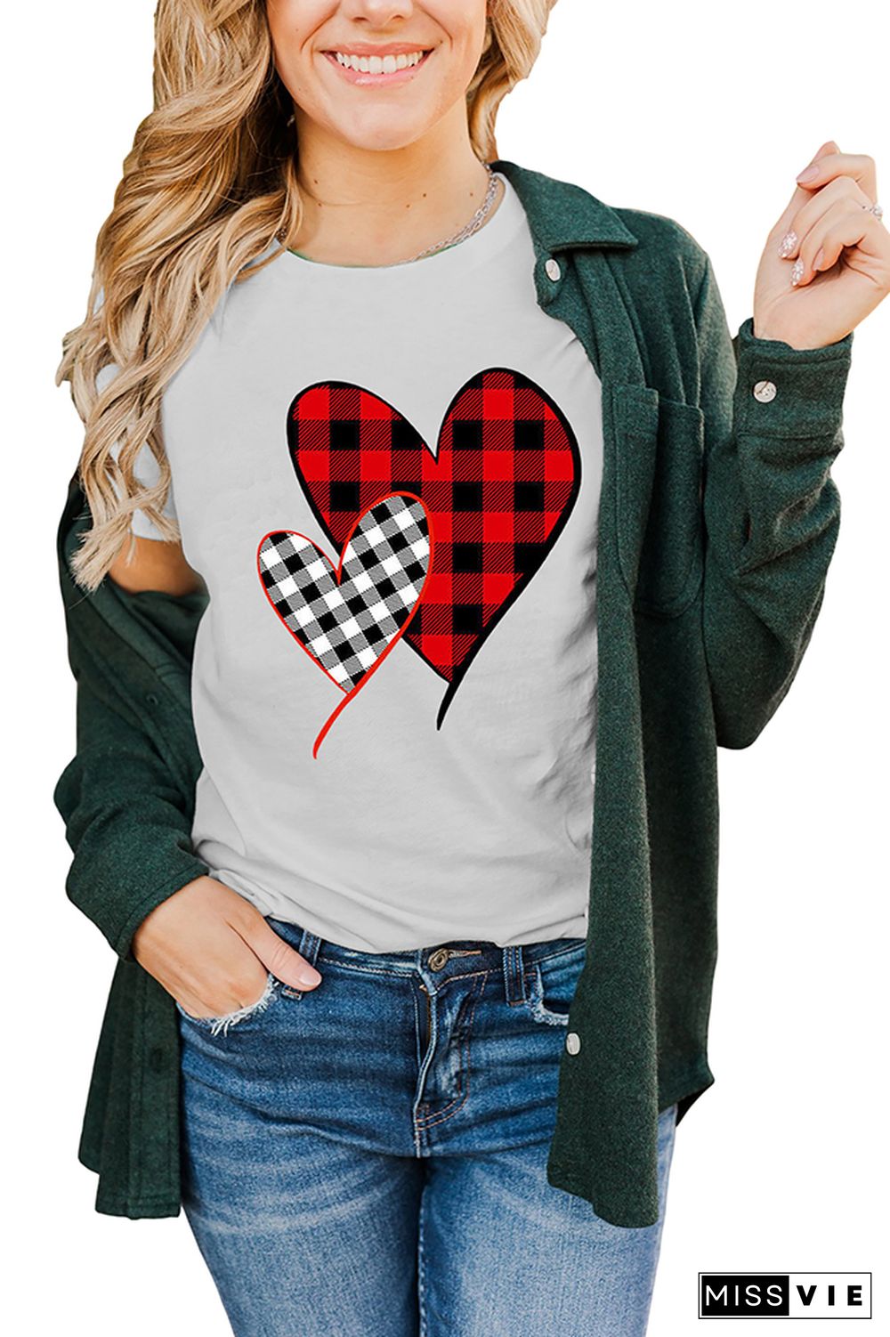 Valentine's Day Plaid Heart Print Short Sleeve Graphic Tee Wholesale