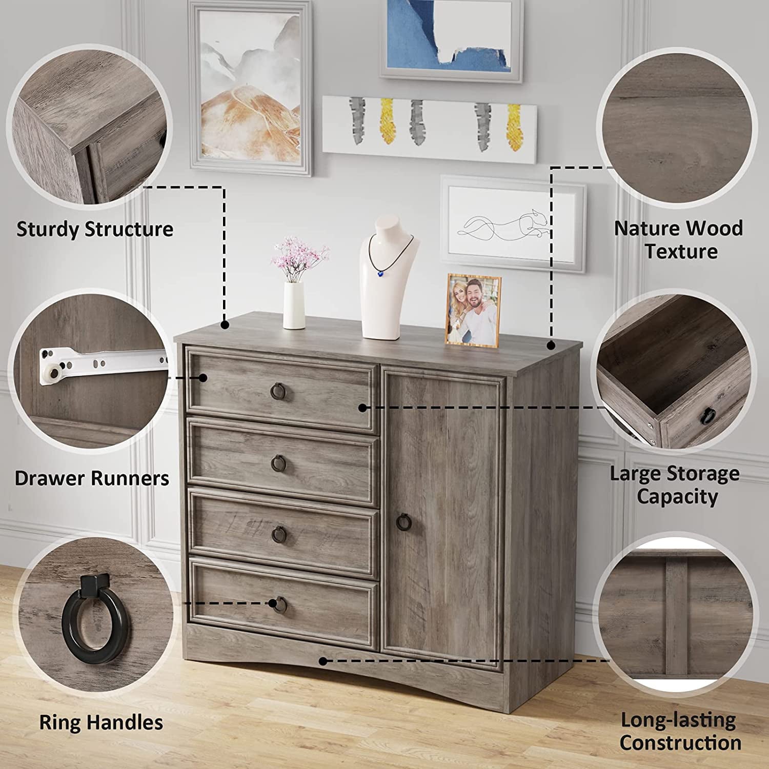 LGHM 4 Drawer Dresser W/ Door Cabinet for Bedroom, Chest of Drawers Storage Organizer Gray