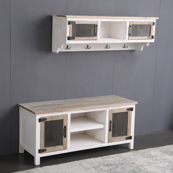 Clihome White Rectangle Sturdy Wood Console Table with Durable Metal Mesh Door