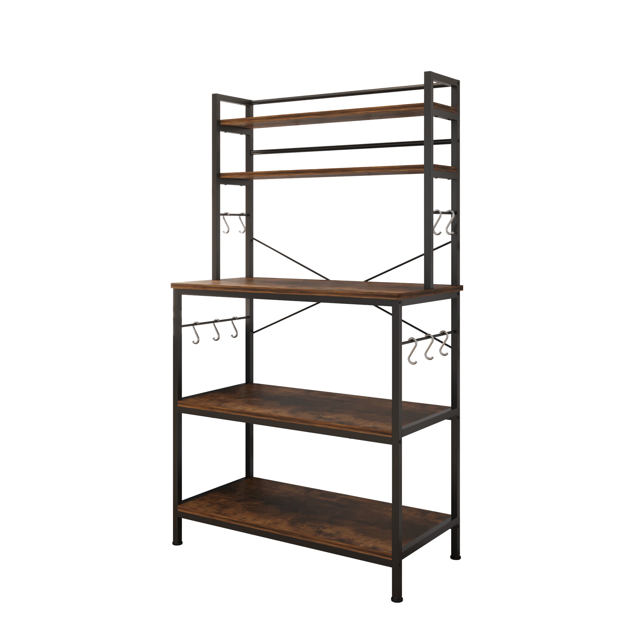 Ktaxon 5-Tier Kitchen Baker's Rack with 10 Hooks， Industrial Microwave Oven Stand Kitchen Island Cart Storage Shelving Unit Organizer， Rustic Brown