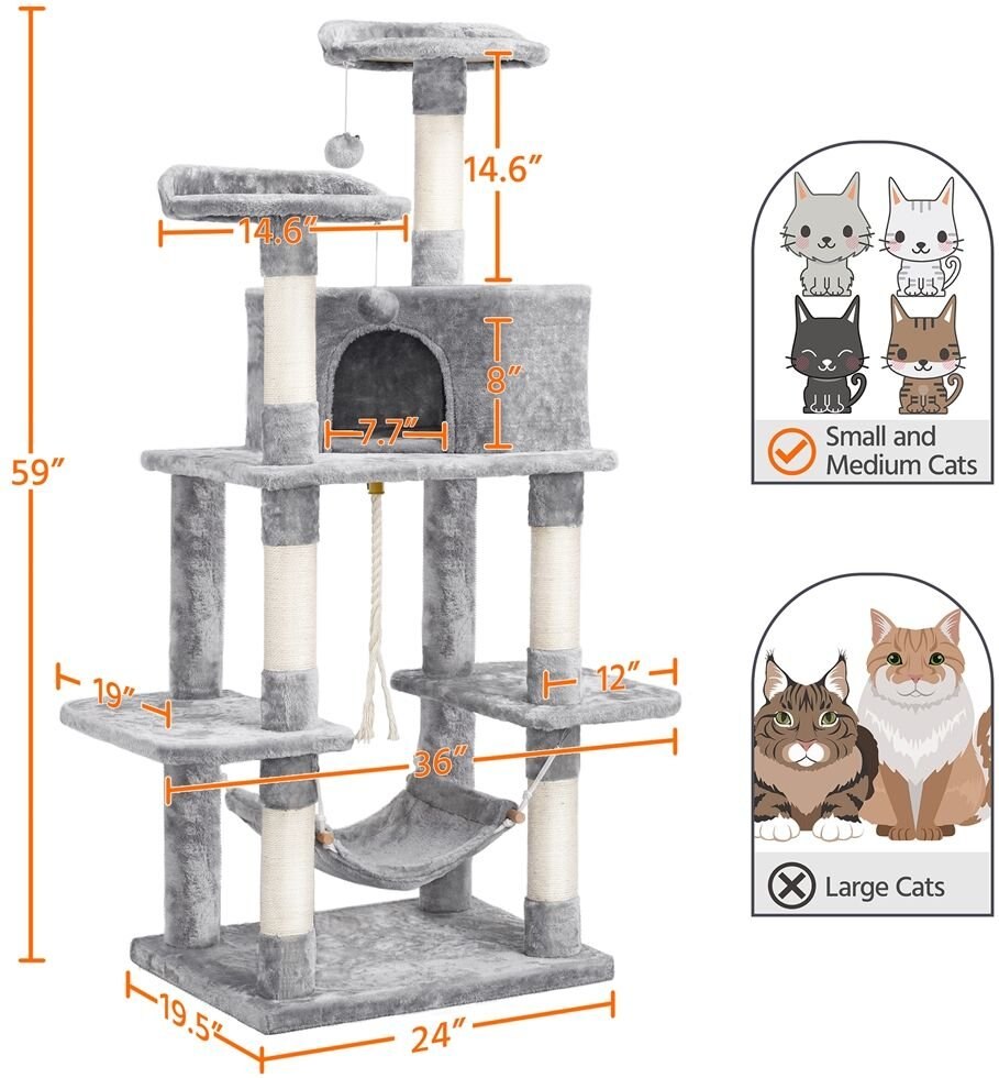 Yaheetech 58-in Plush Cat Tree and Condo， Light Gray