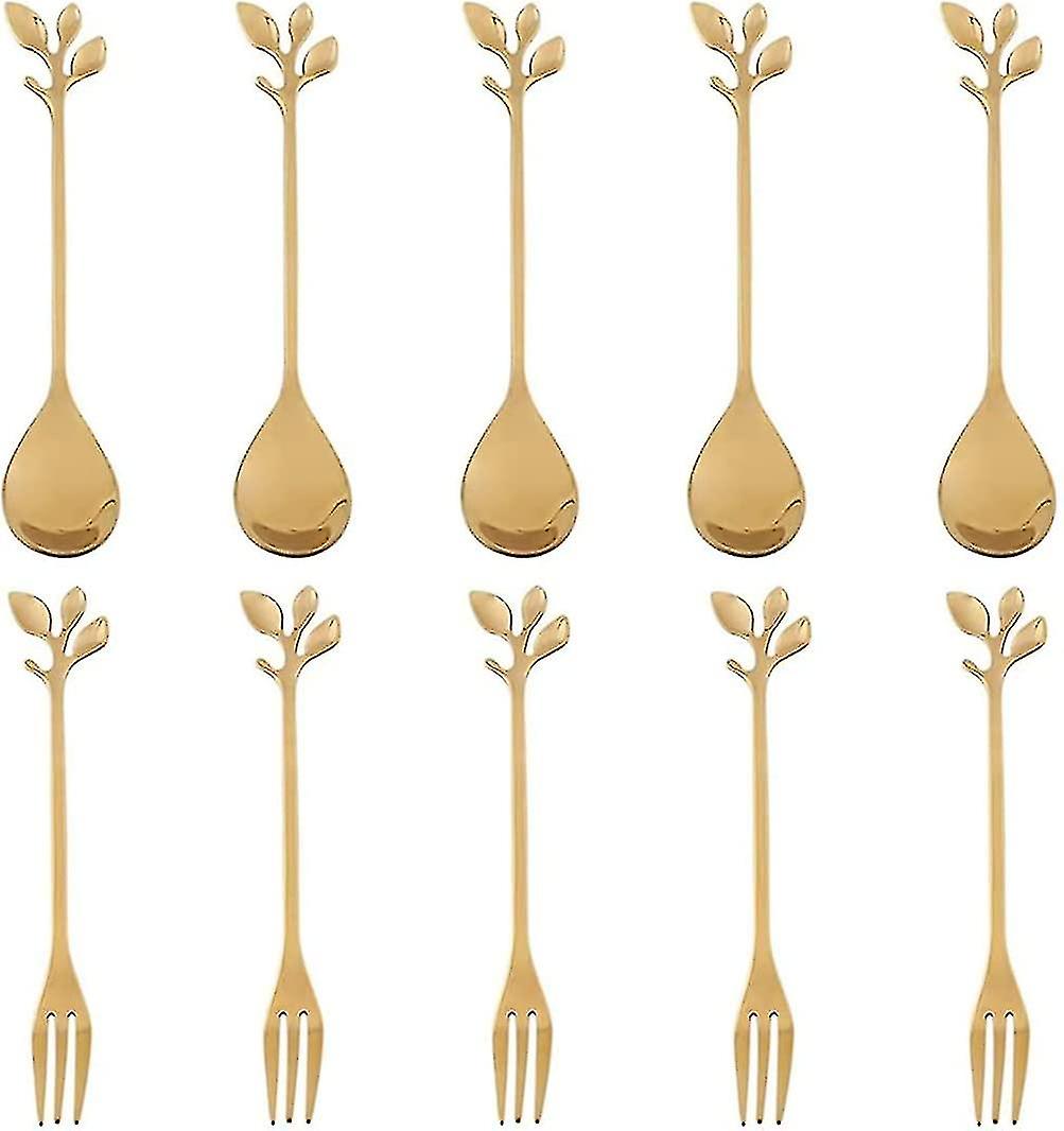 Stainless Steel Leaf Coffee Stirring Spoon Food Tableware Fork (spoon + Fork) 10 Pcs