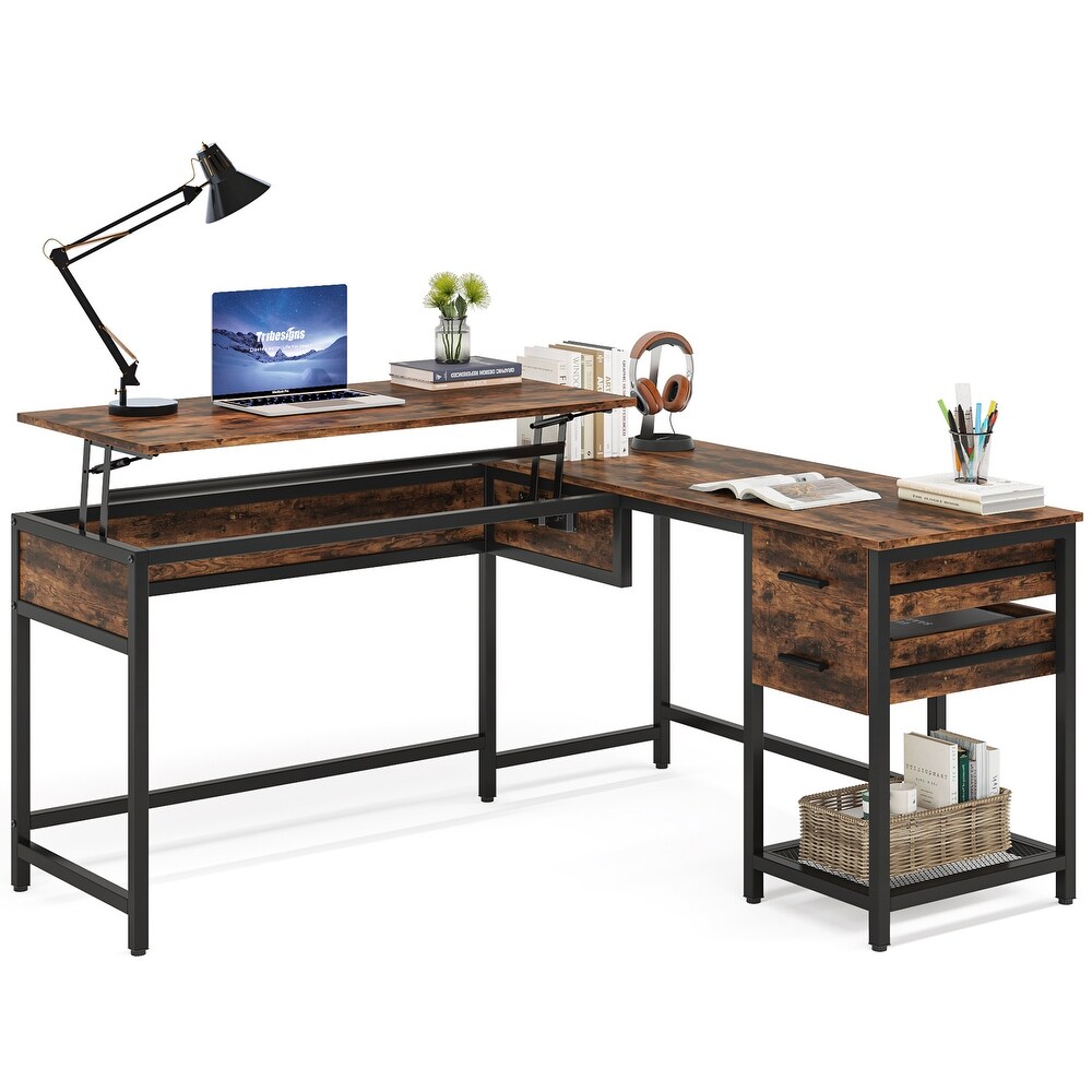 Wood Solid 59’’ L shaped Computer Corner Desk with Lift Top  Industrial Writing Table with Drawers and Storage Shelves