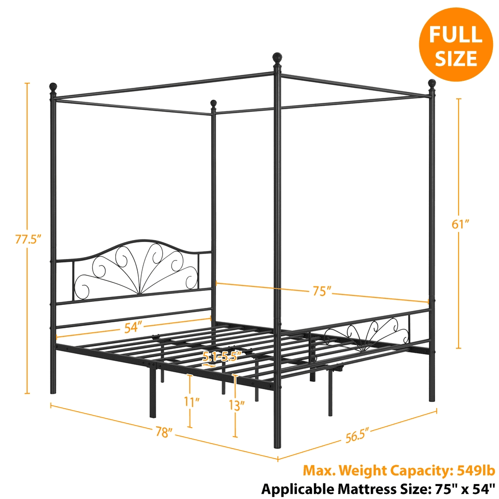 Easyfashion Four-Poster Canopied Platform Bed, Black, Full