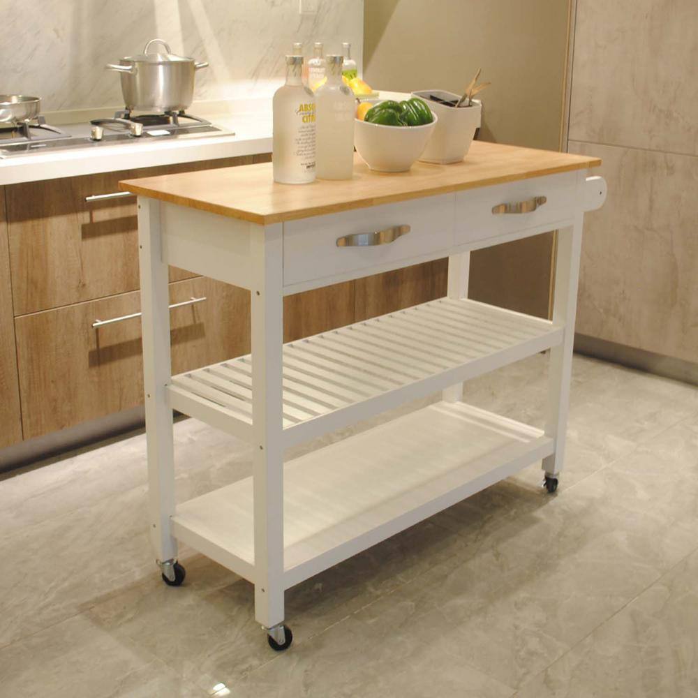 45 in. W White Wood Kitchen Island with 2-Lockable Wheels for Easy Storing and Fetching BF1663C475