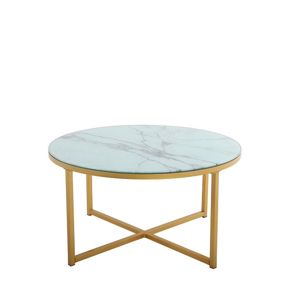 EPOWP Cross Legs Glass Coffee Table with Metal Base， Marble White Top and Golden