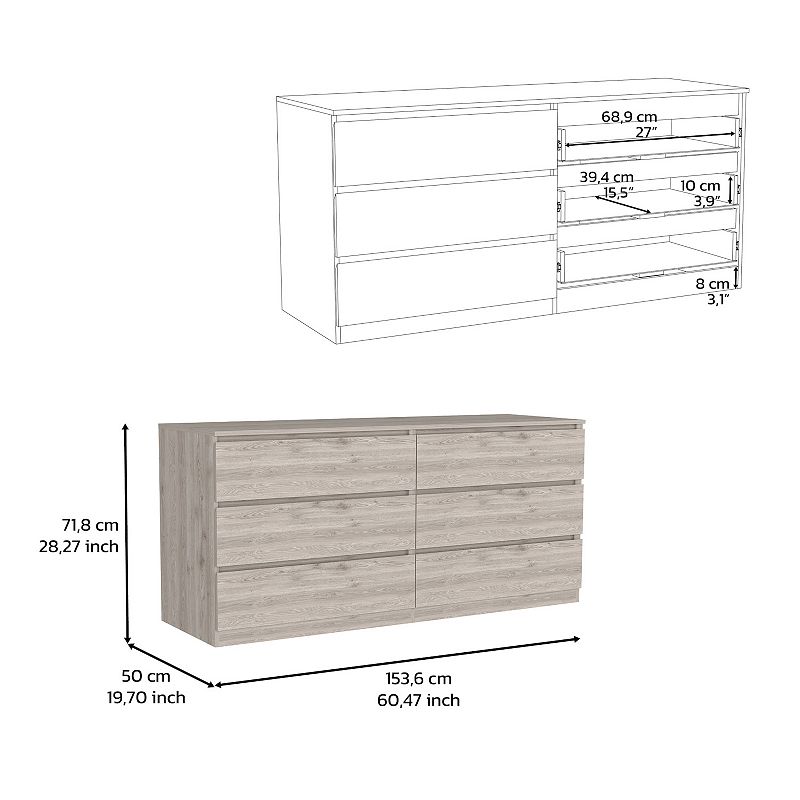 DEPOT E-SHOP Cocora 6 Drawer Double Dresser， Superior Top， Light Gray