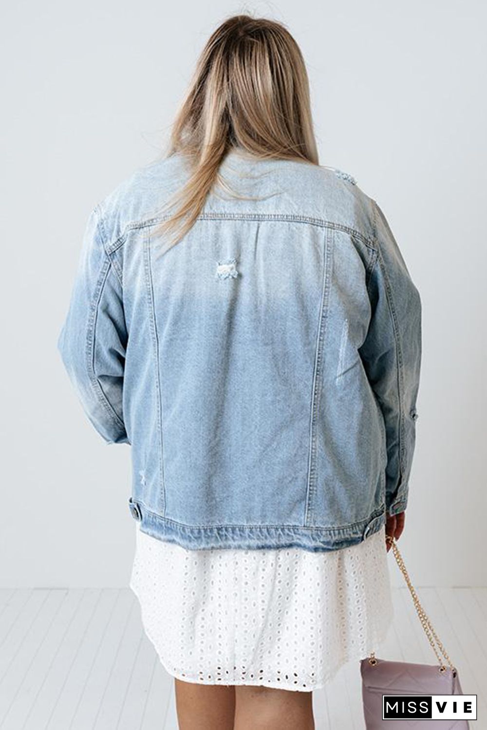 Light Blue Plus Size Washed Pocketed Denim Jacket