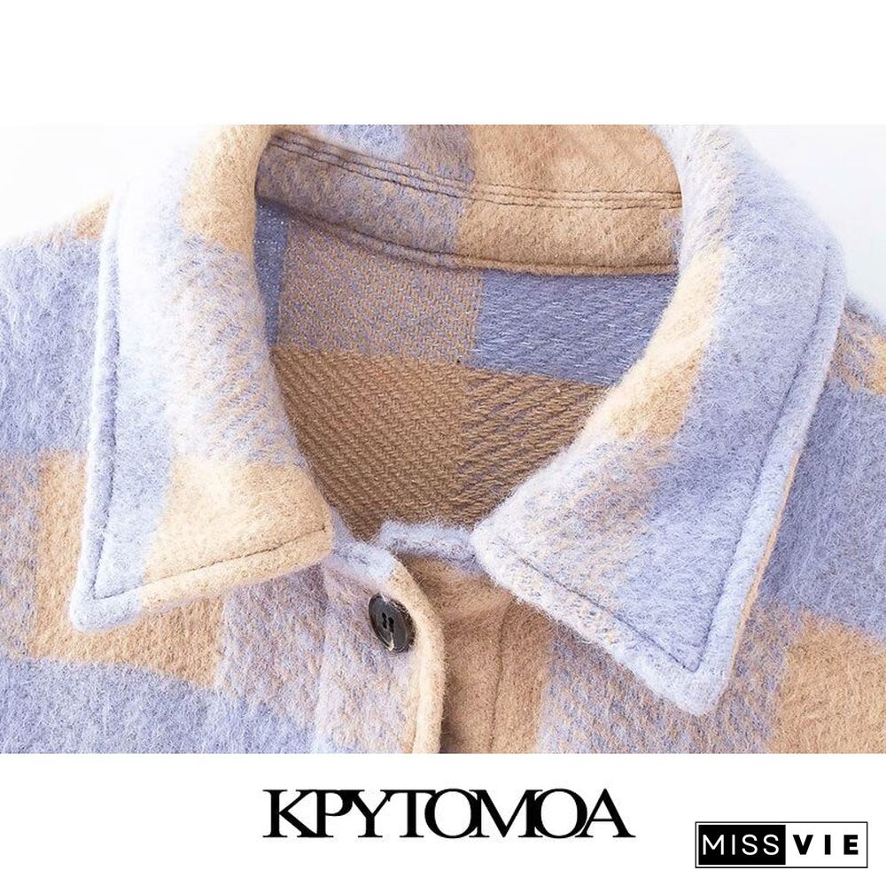 Kpytomoa Women Fashion Overshirts Oversized Checked Woolen Jacket Coat Vintage Pocket Asymmetric Female Outerwear Chic Tops