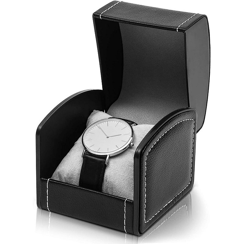 Single Grid Wrist Watch Box with Pillow (Black， Faux Leather)