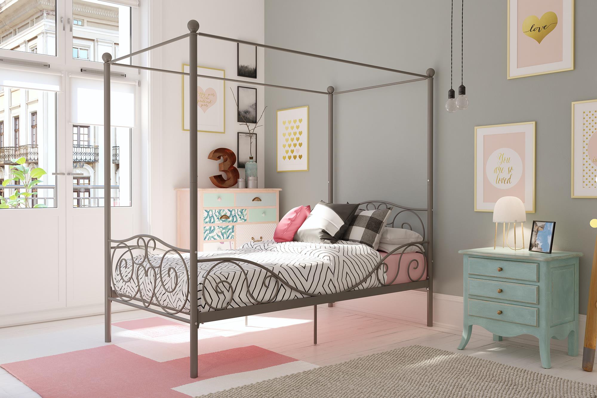 Elm & Oak Metal Canopy Kids Poster Bed, Twin, Pewter