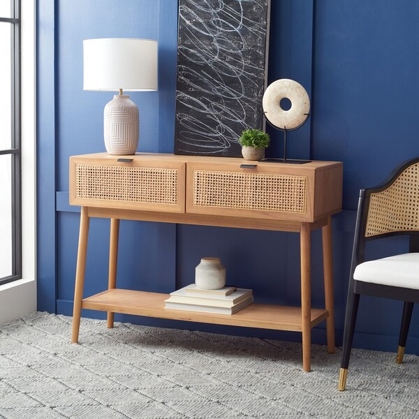 Baisley 2 Drawer Rattan Console Table Natural Safavieh   Tropical   Console Tables   by HedgeApple  Houzz