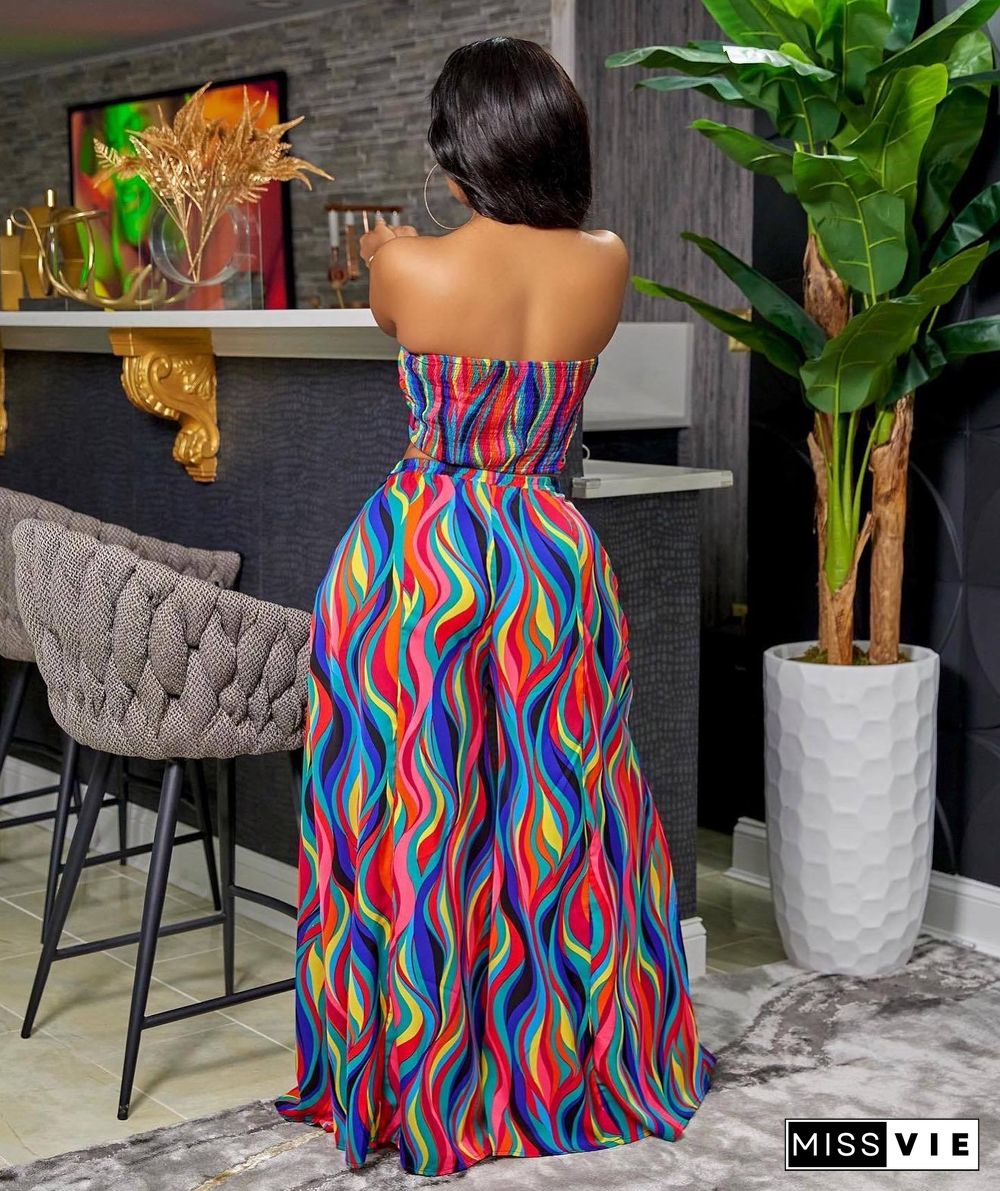 Spring/Summer Colorful Print Tube Top Wide Leg Pants Set