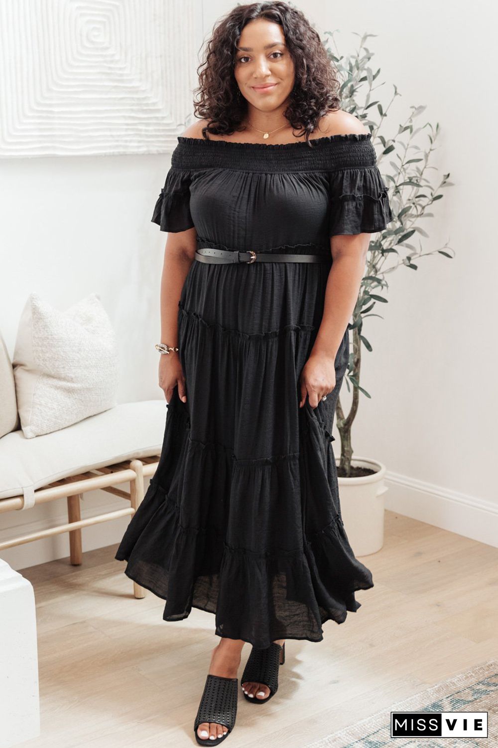 Black Plus Size Smocked Off Shoulder Frill Tiered Maxi Dress