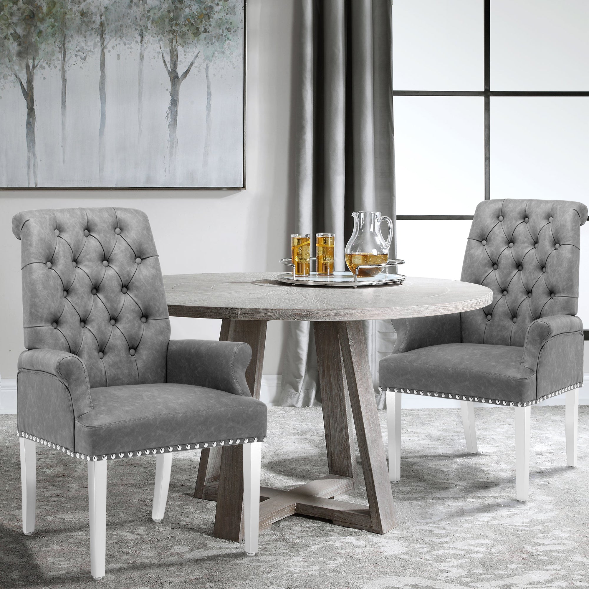 Foredo Upholstered Dining Chairs with Arms， Modern PU Dining Chairs with Metal Legs and Button Tufted Back， PU Gray